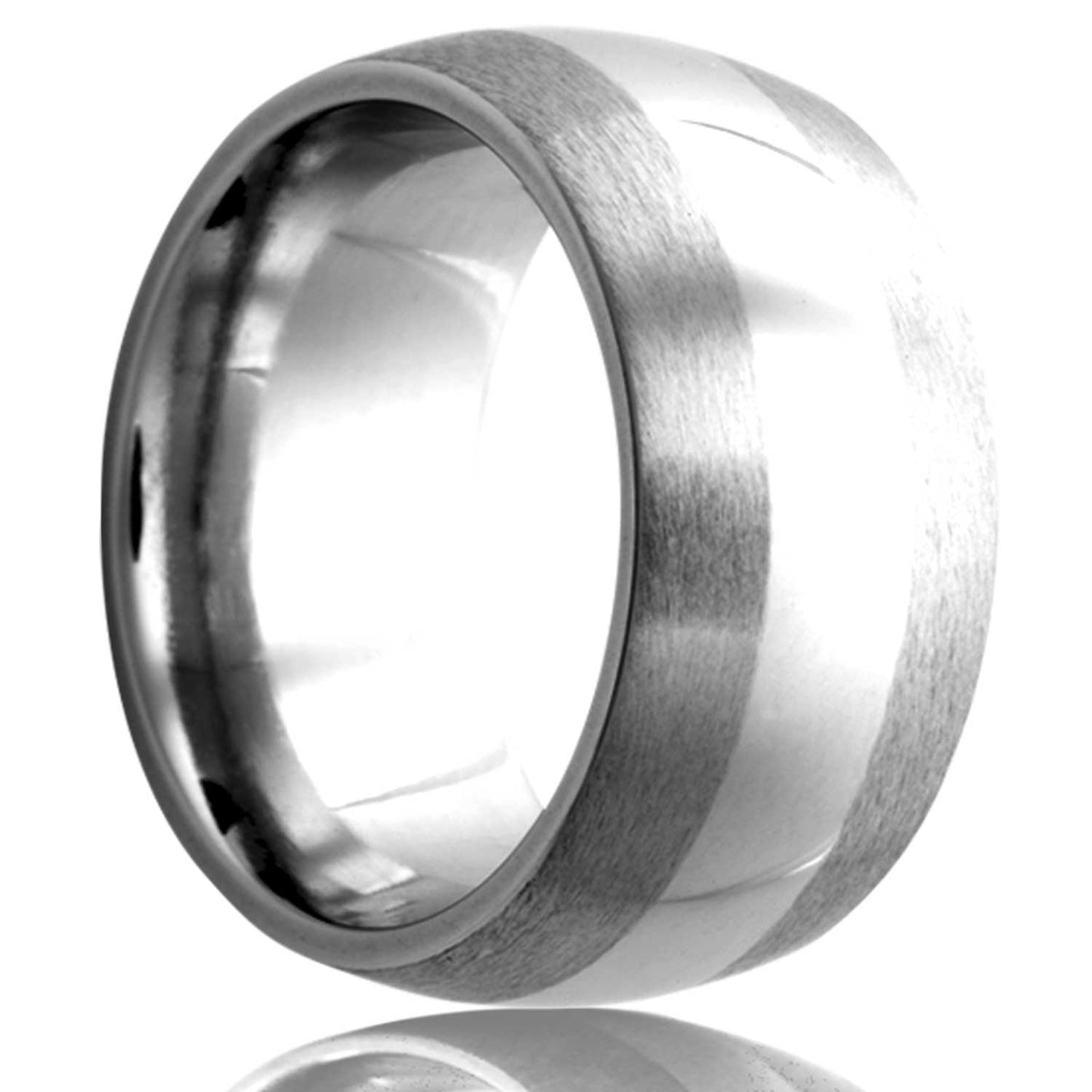 A domed satin finish tungsten wedding band with polished stripe displayed on a neutral white background.