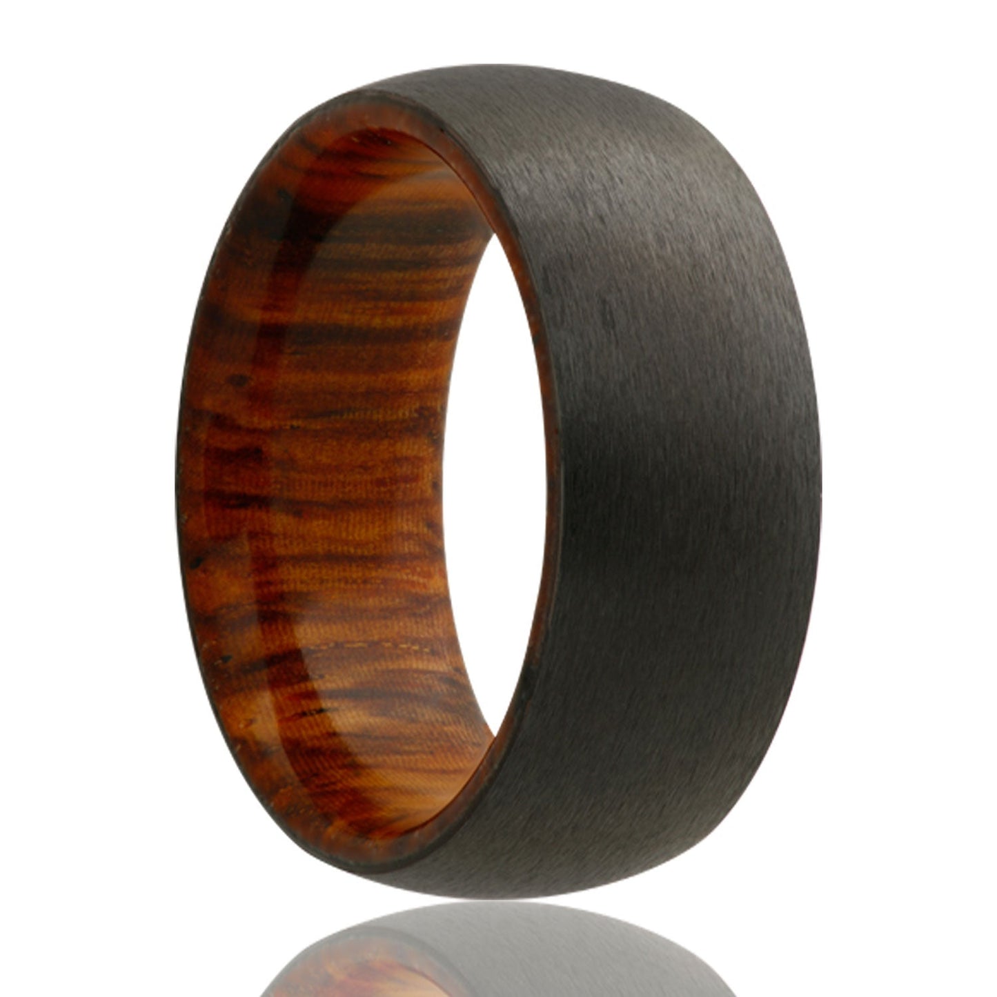 Domed Satin Zirconium Wedding Band with Cocobolo Wood Center