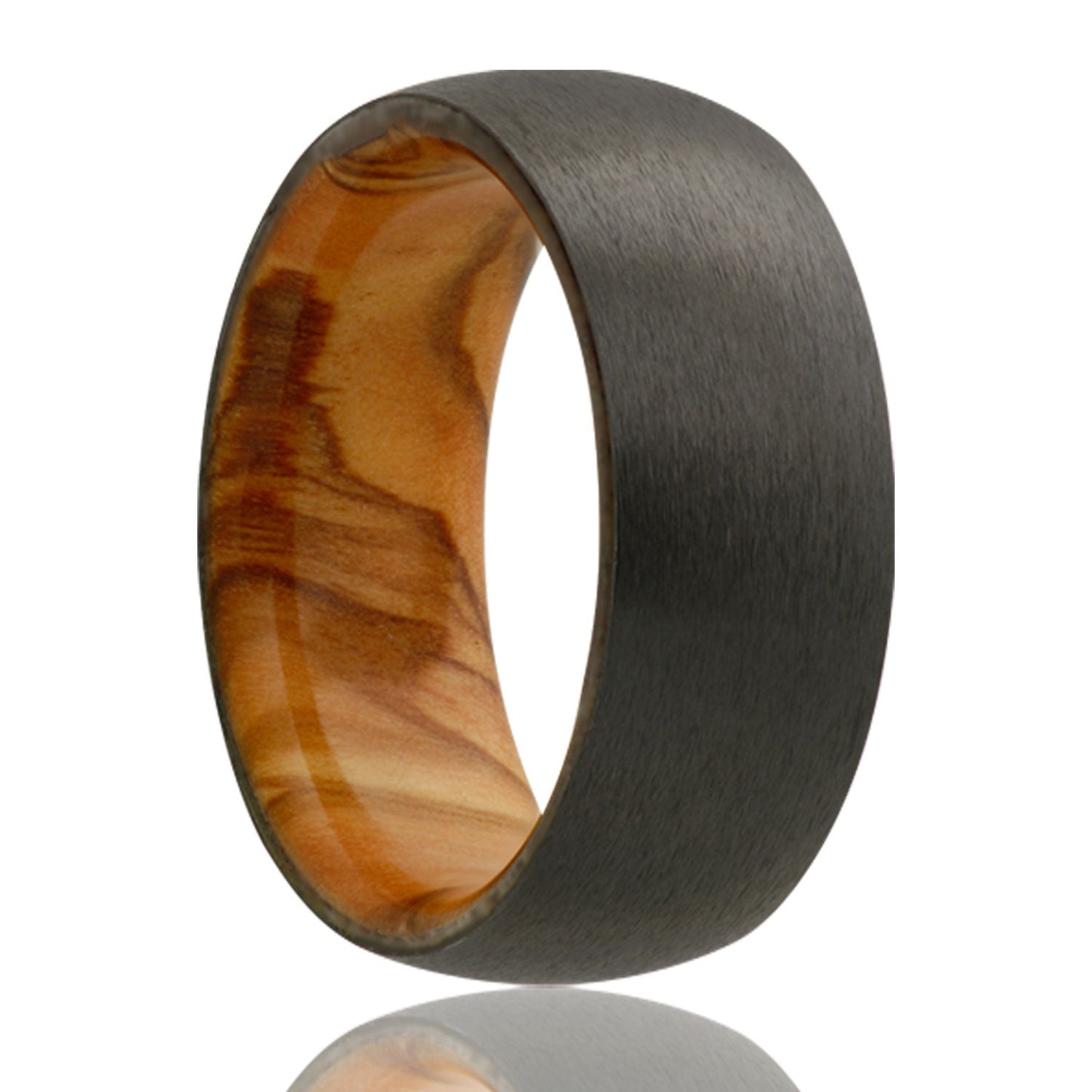 Domed Satin Zirconium Wedding Band with Olive Wood Center
