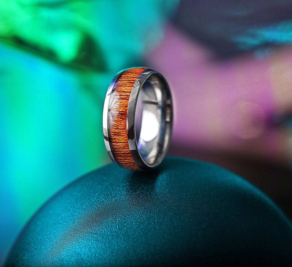 Domed Tungsten Men's Wedding Band with Mahogany Wood Inlay