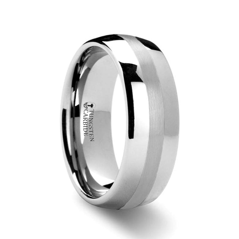 Domed Tungsten Men's Wedding Band with Platinum Inlay