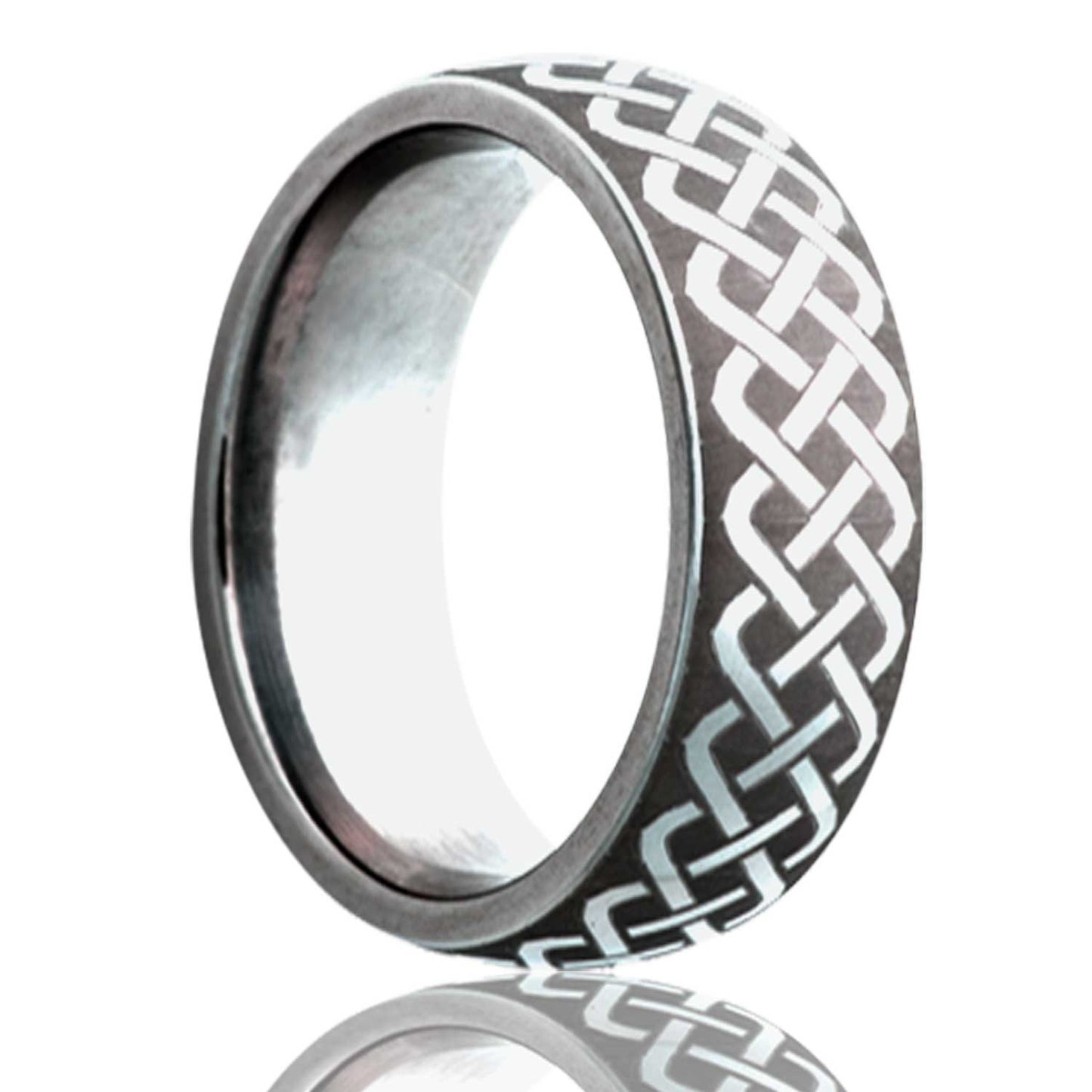 A domed tungsten wedding band with interlocking celtic knot pattern displayed on a neutral white background.