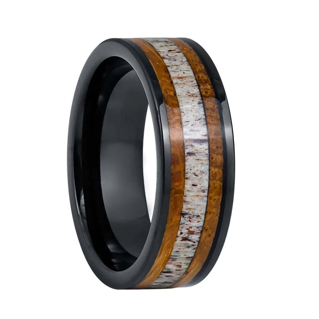 Dual Koa Wood & Antler Inlaid Black Tungsten Men's Wedding Band