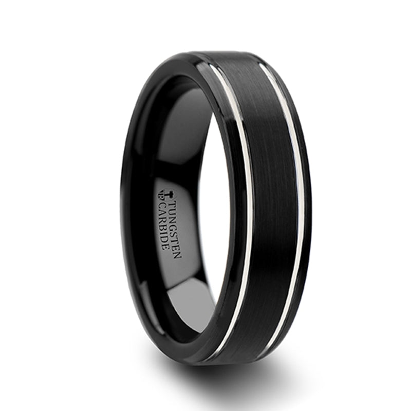 Dual Silver Grooved Black Tungsten Men's Wedding Band