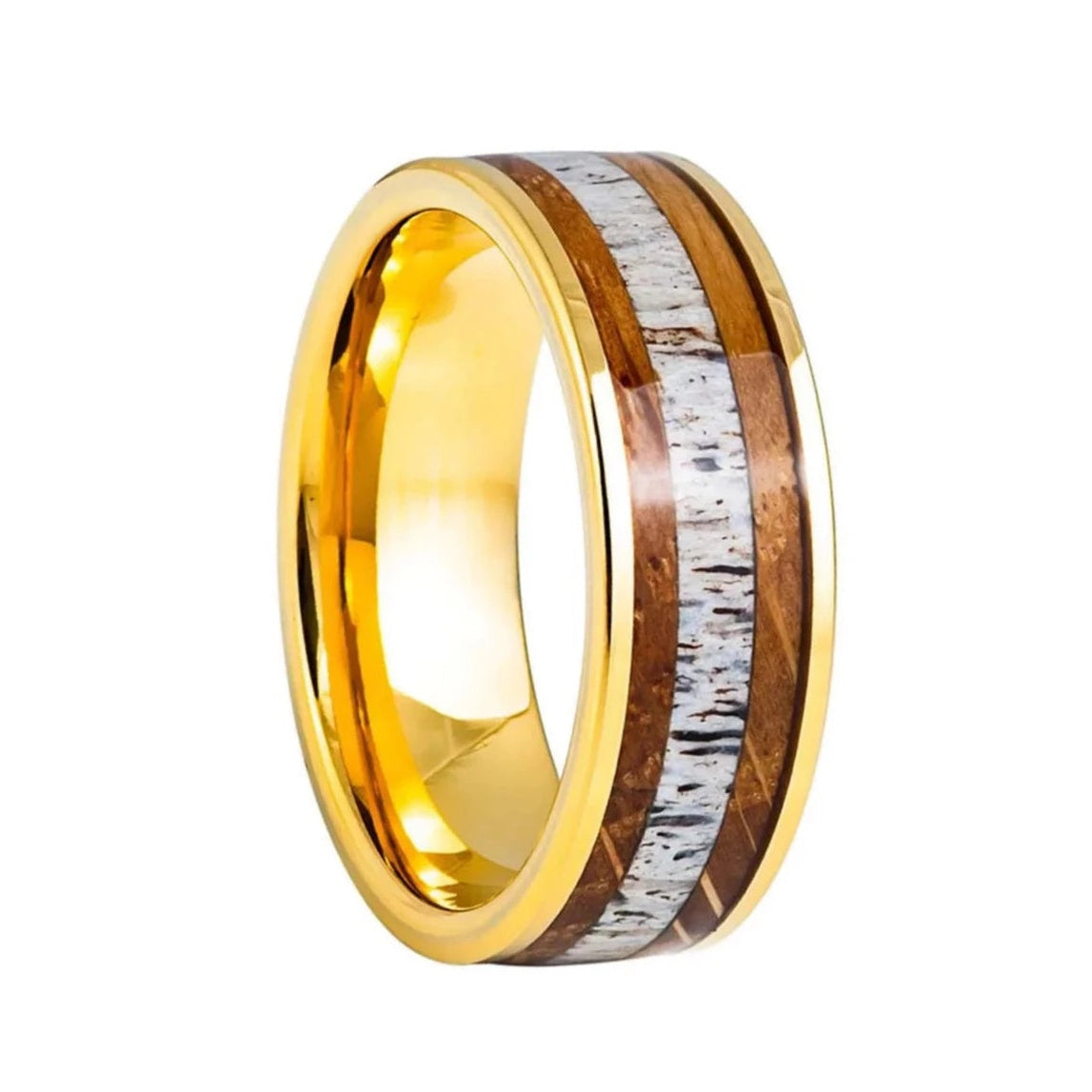 Dual Whiskey Barrel & Antler Inlay Gold Tungsten Men's Wedding Band