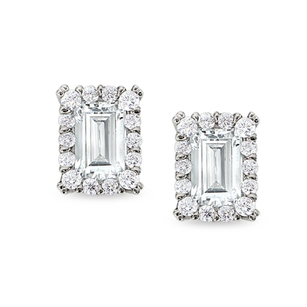 A emerald cut earrings with simulated diamonds displayed on a neutral white background.