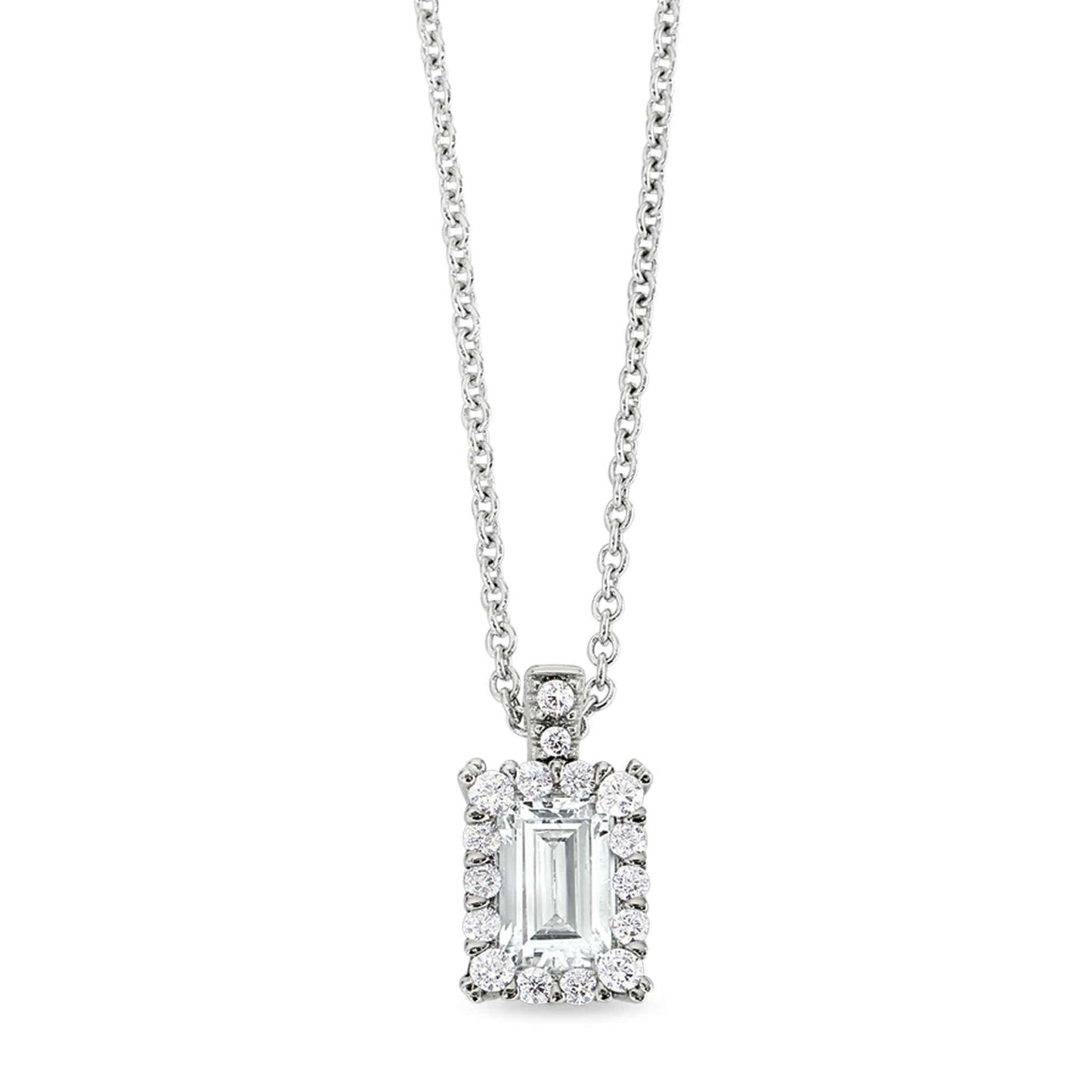 A emerald cut pendant with simulated diamonds displayed on a neutral white background.