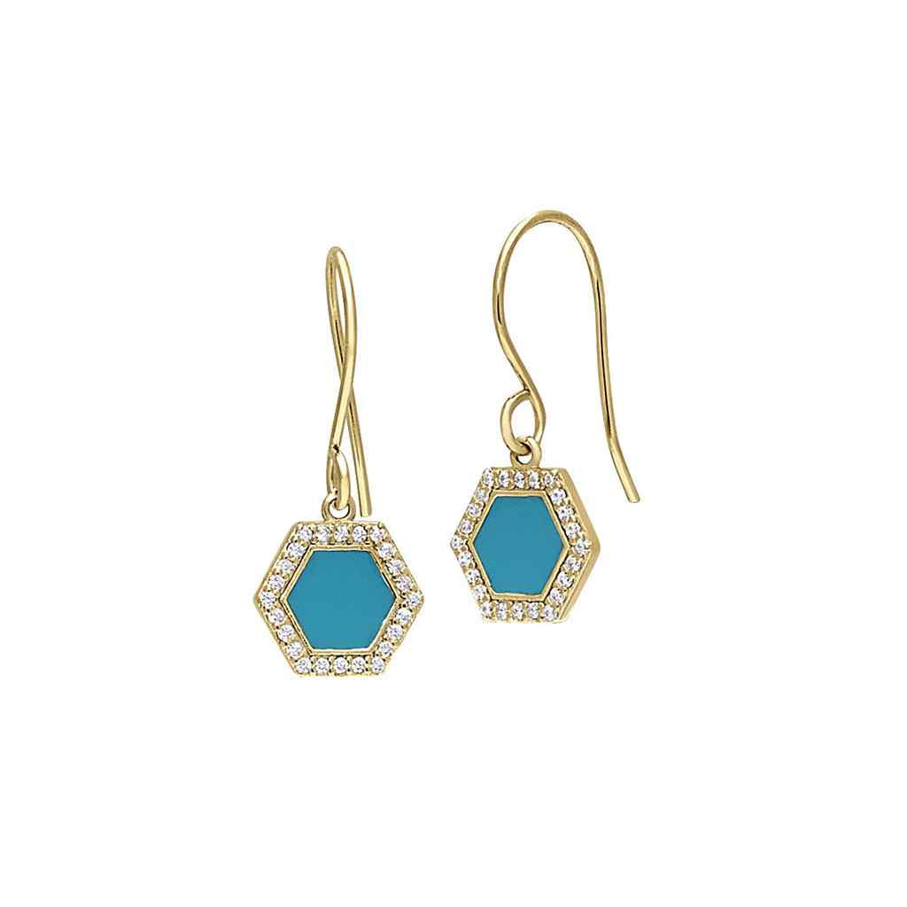 A enamel hexagon earrings with simulated diamonds displayed on a neutral white background.