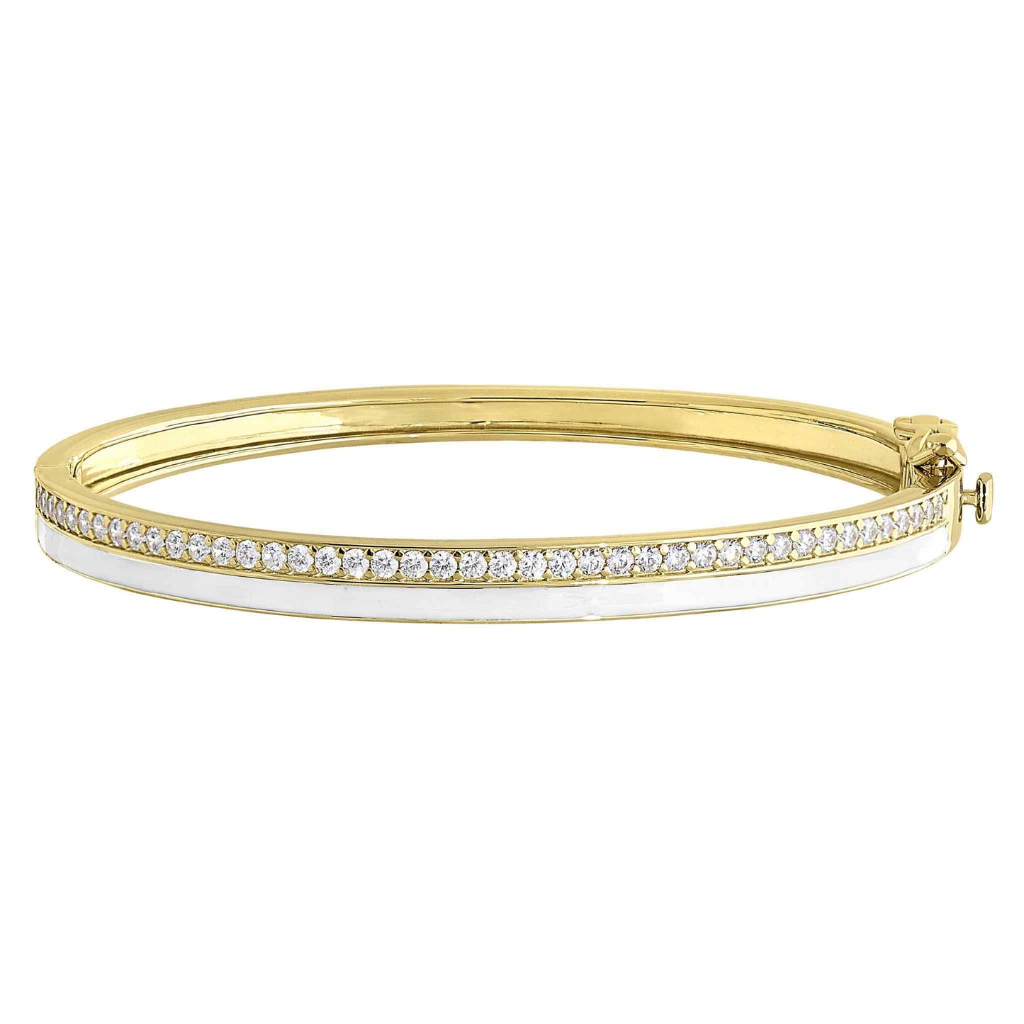 A enamel hinged bangle bracelet with simulated diamonds displayed on a neutral white background.