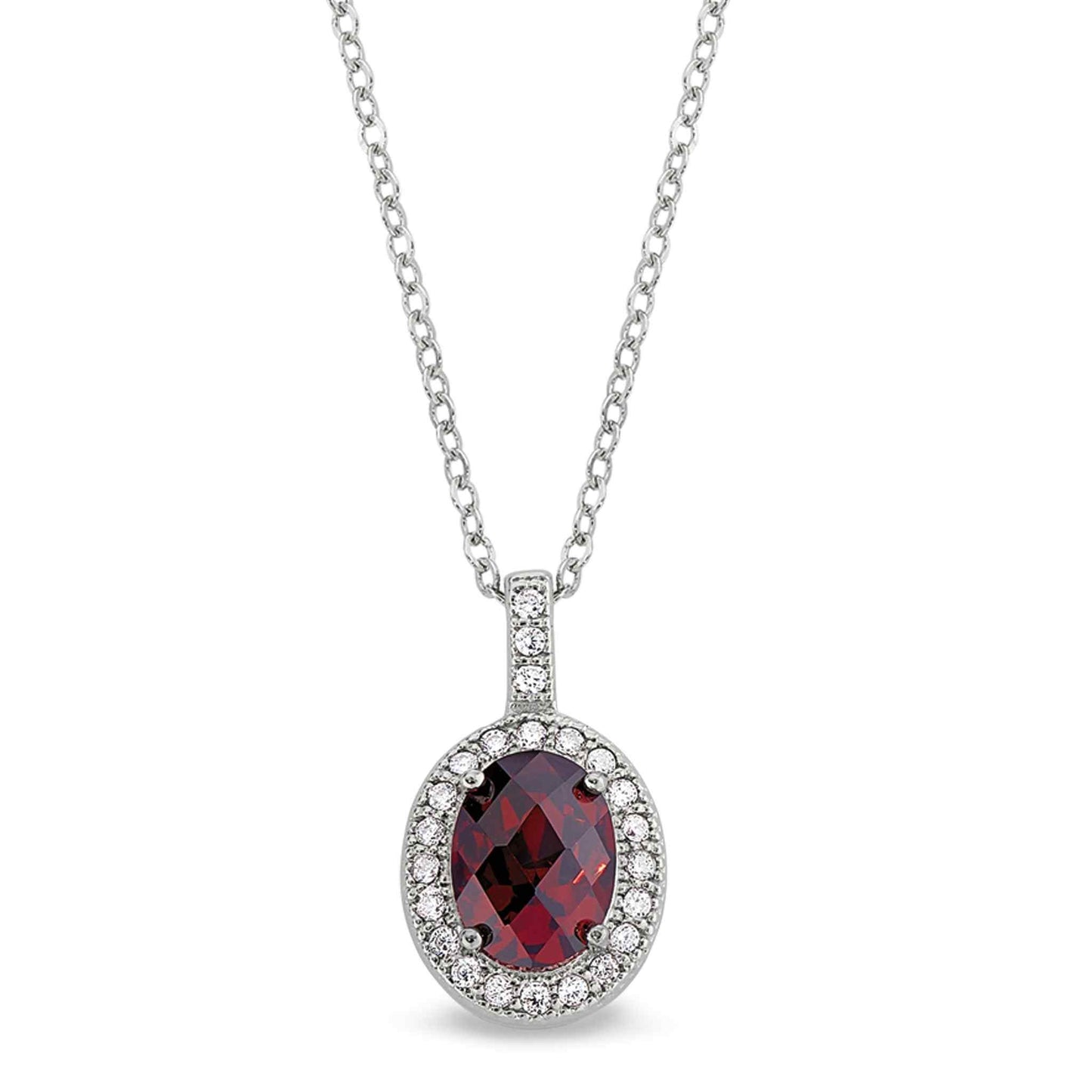 A facet cut garnet colored pendant with simulated diamonds displayed on a neutral white background.
