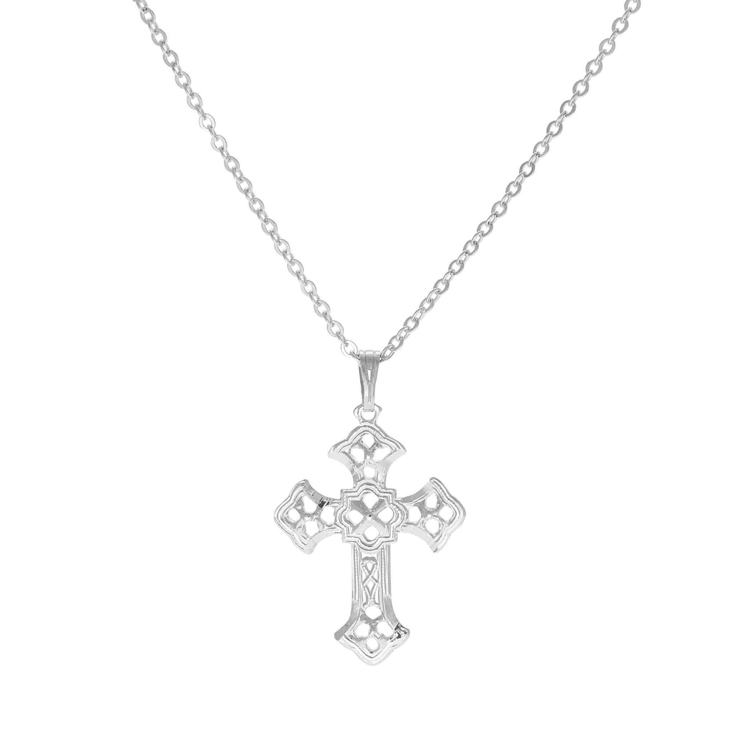 A filigree cross displayed on a neutral white background.