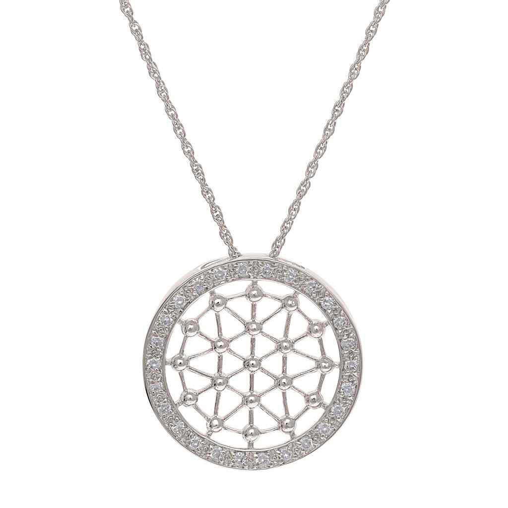 A filigree simulated diamond round necklace displayed on a neutral white background.
