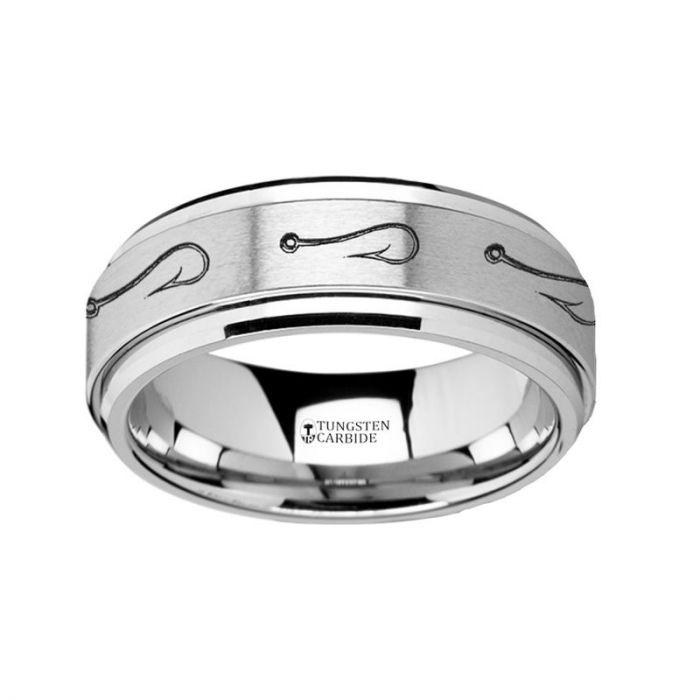 Fish Hook Engraved Tungsten Spinner Wedding Band, Size 12.0 Fish Hook Engraved Tungsten Spinner Wedding Band, Size 12.0