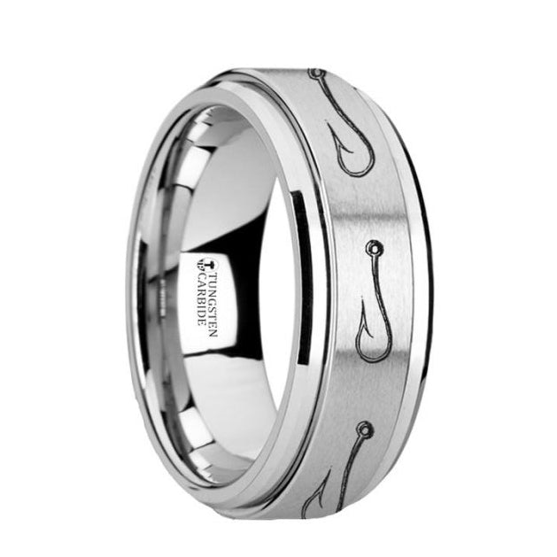 Fish Hook Engraved Tungsten Spinner Wedding Band, Size 9.5
