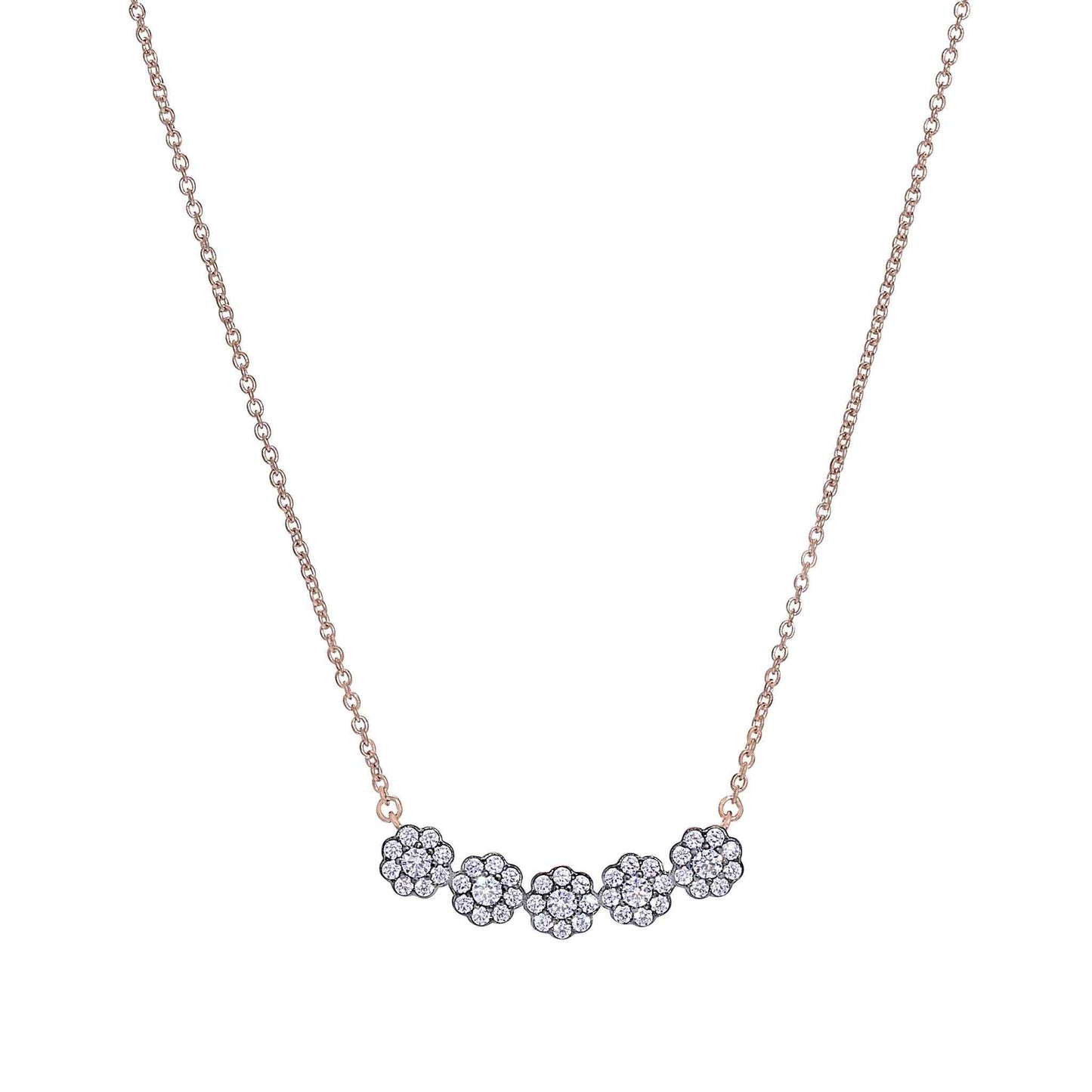 A five round flowers necklace with simulated diamonds displayed on a neutral white background.