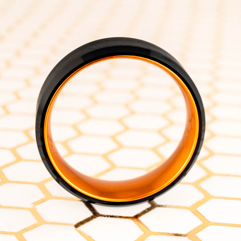 Flat Black Tungsten Men's Wedding Band with Contrasting Orange Interior