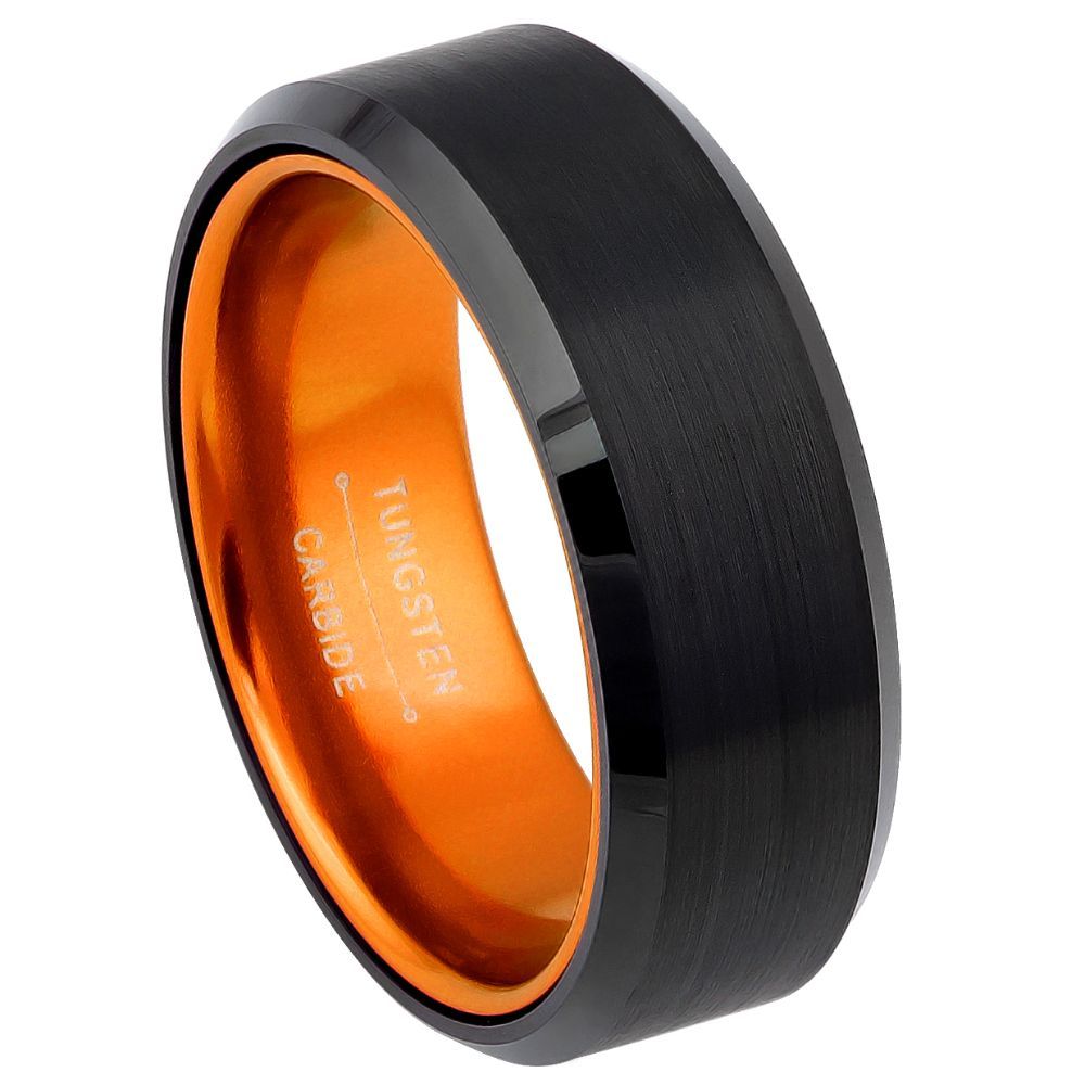 Flat Black Tungsten Men's Wedding Band with Contrasting Orange Interior