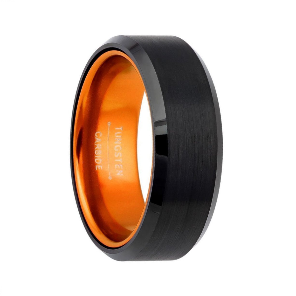 Flat Black Tungsten Men's Wedding Band with Contrasting Orange Interior