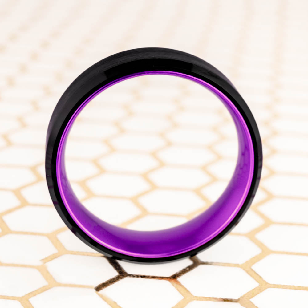 Flat Black Tungsten Men's Wedding Band with Contrasting Purple Interior