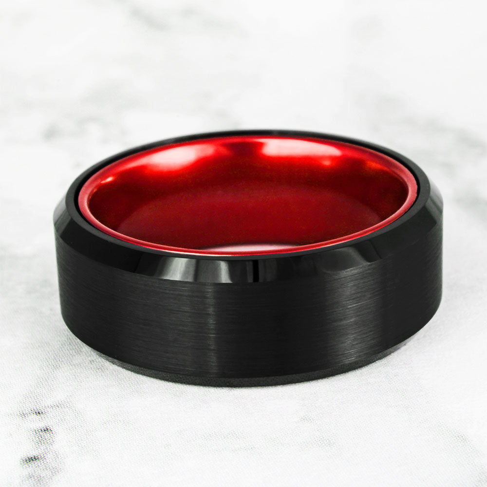 Flat Black Tungsten Men's Wedding Band with Contrasting Red Interior