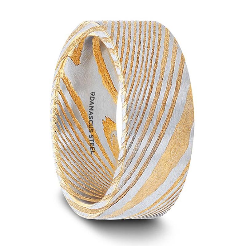 Flat Gold Damascus Steel Couple's Matching Wedding Band Set