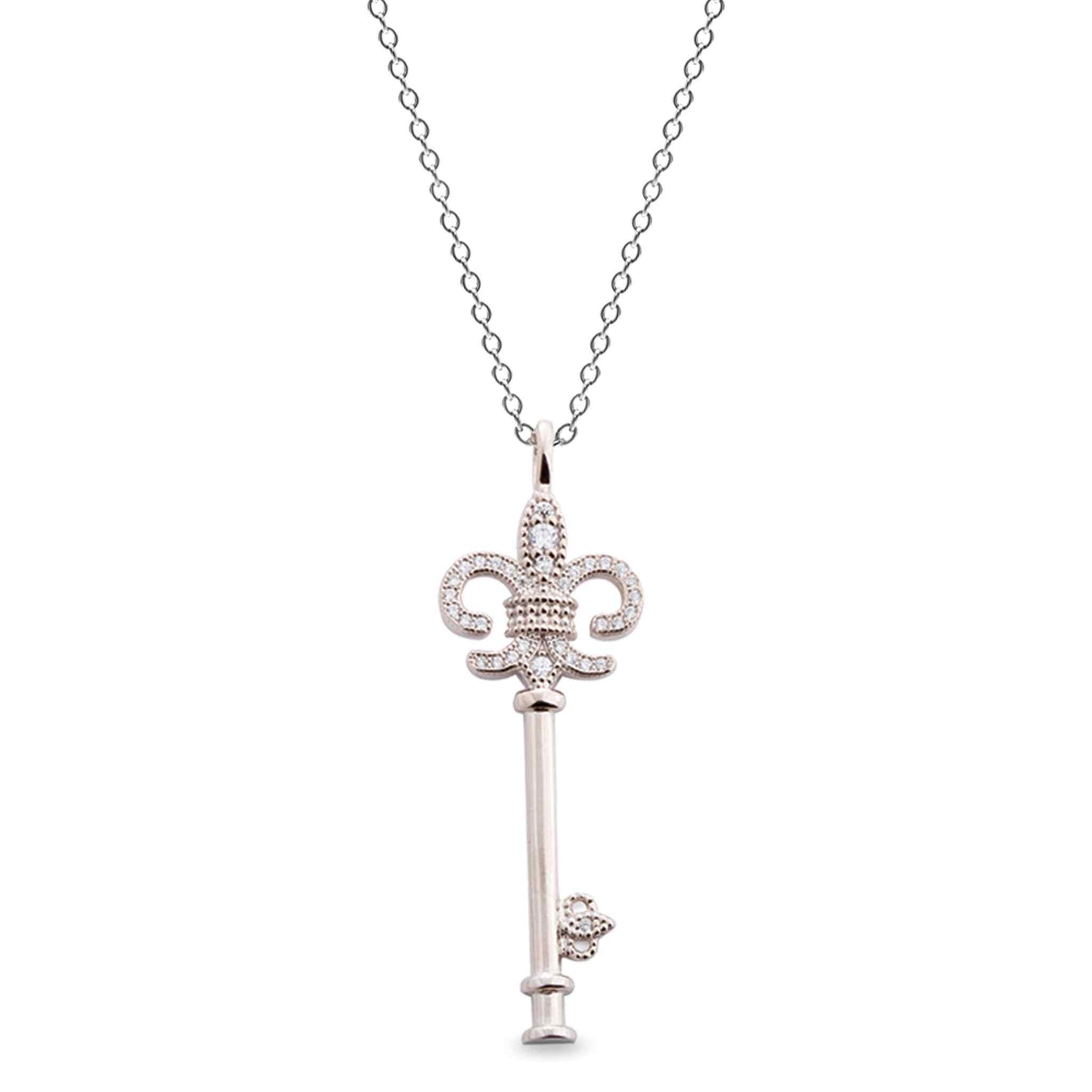 A fleur de lis key pendant with 33 simulated diamonds displayed on a neutral white background.