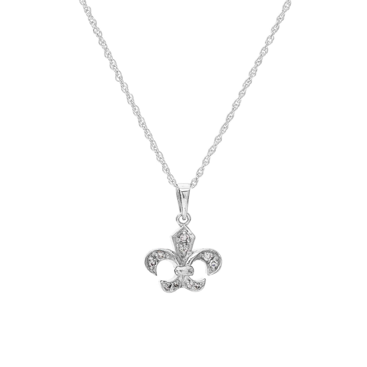 A fleur de lis necklace displayed on a neutral white background.
