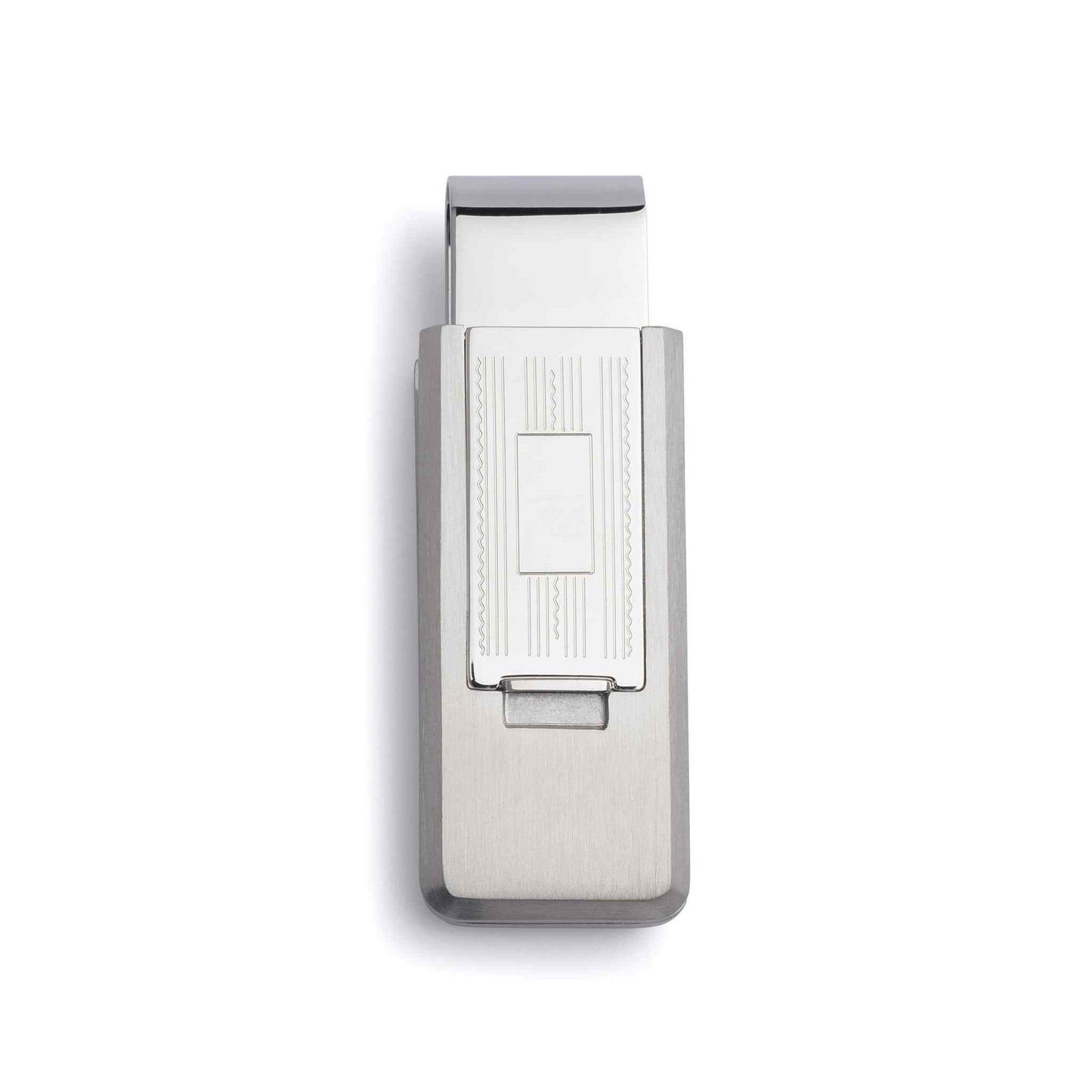 A stainless steel flip money clip displayed on a neutral white background.