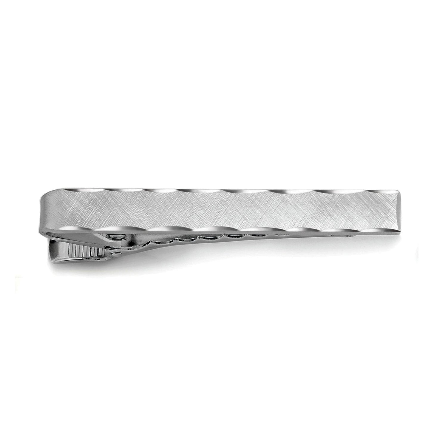 A florentine engraved scallop tie bar displayed on a neutral white background.