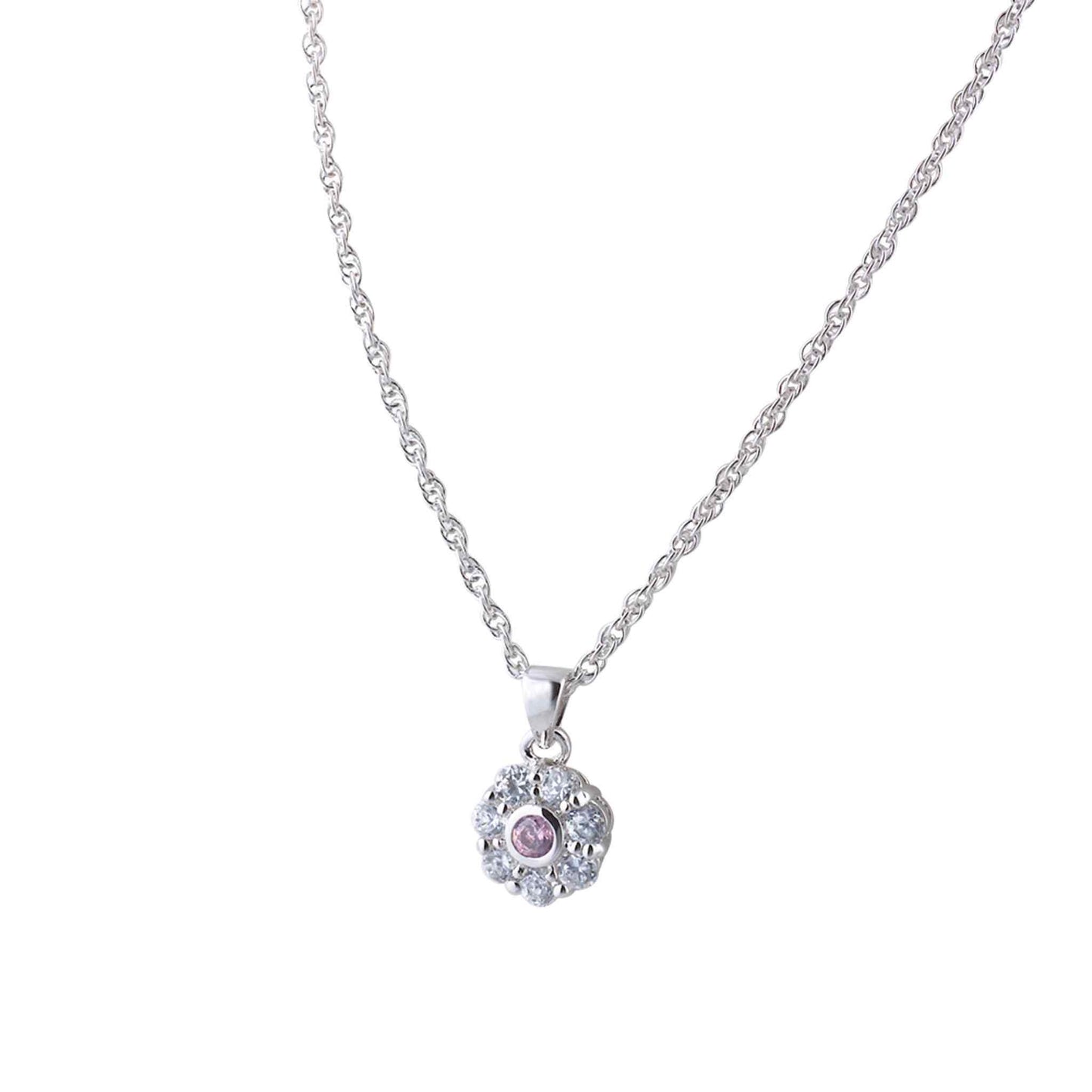 A gemstone simulated diamond flower necklace displayed on a neutral white background.