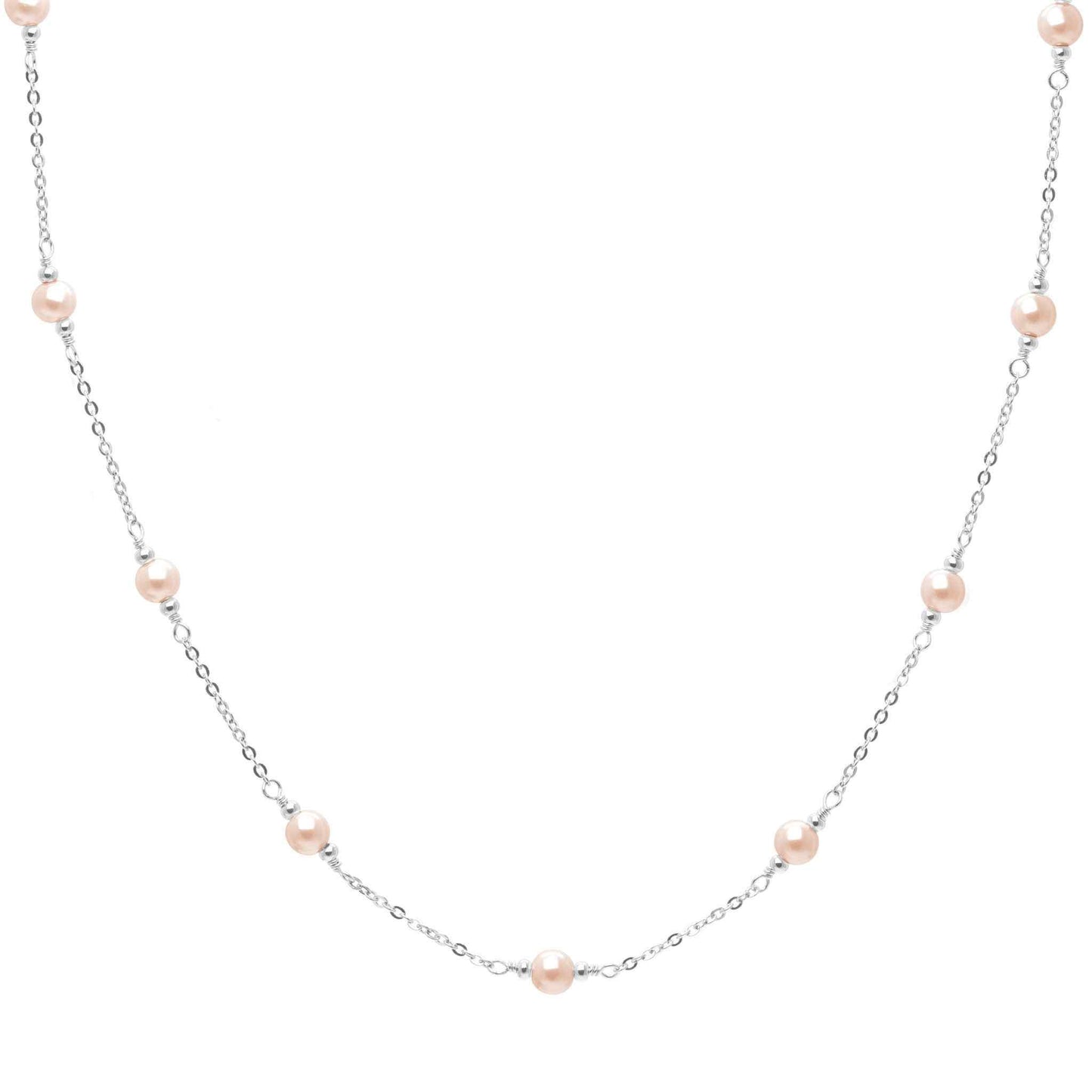 A glass pearl tin cup necklace displayed on a neutral white background.