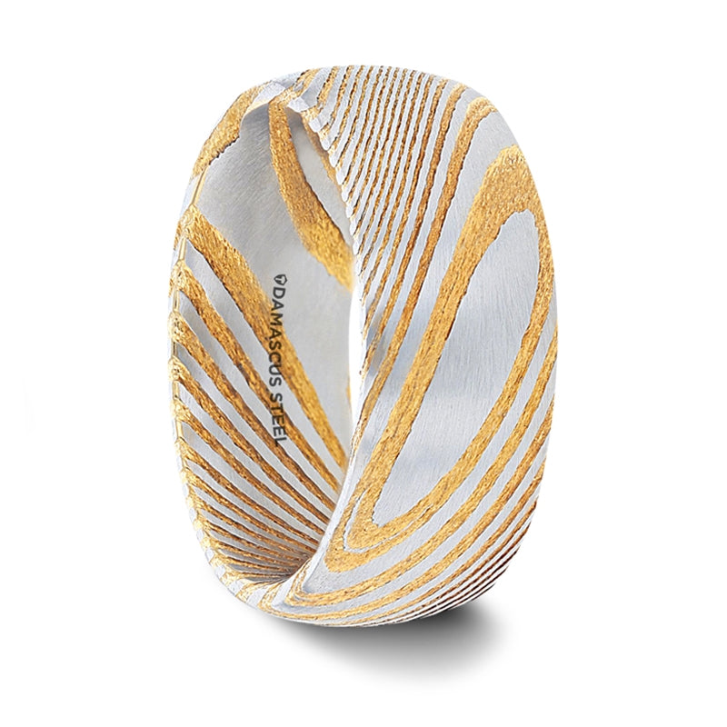 Gold Domed Damascus Steel Men's Wedding Band