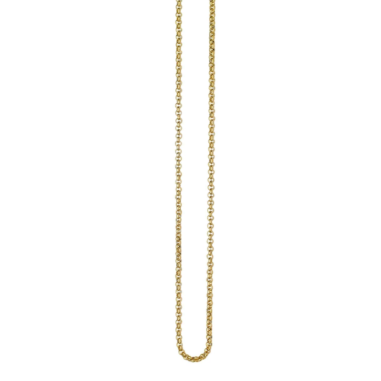 A stainless steel 1.85mm 18" - 20" adjustable rolo chain with 14k gold color plating displayed on a neutral white background.