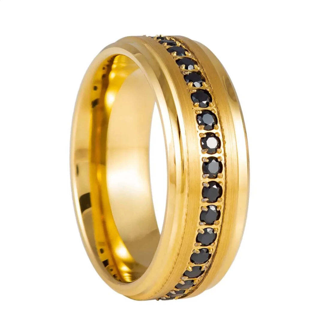 Gold Tungsten Men's Wedding Band with Black Gemstones