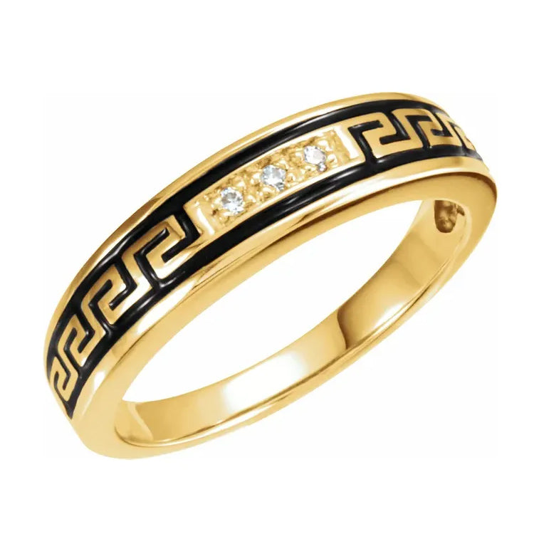 Greek Key 10k Yellow Gold Men's Wedding Band with Three Diamonds