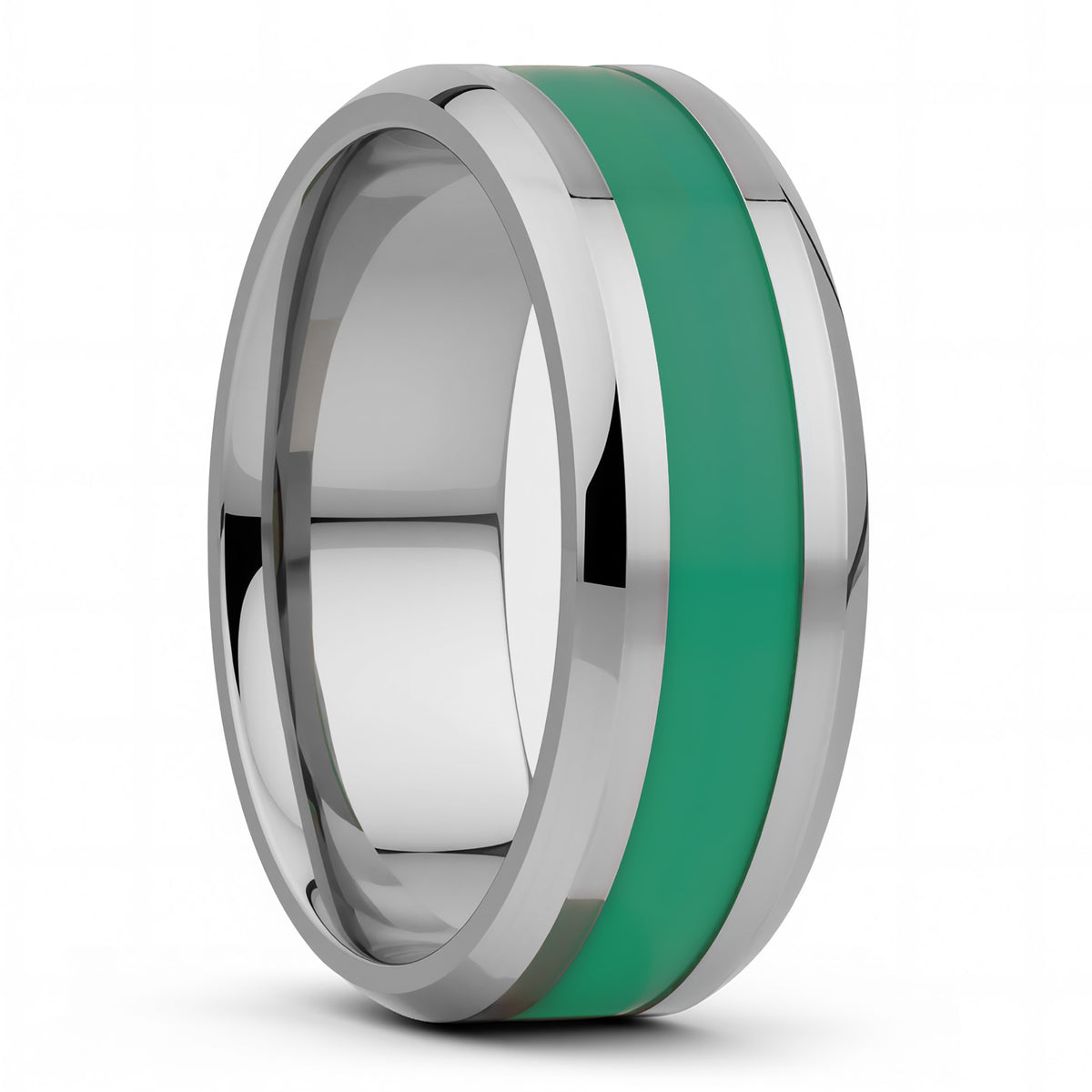 Green Stripe Inlay Titanium Wedding Band with Beveled Edges