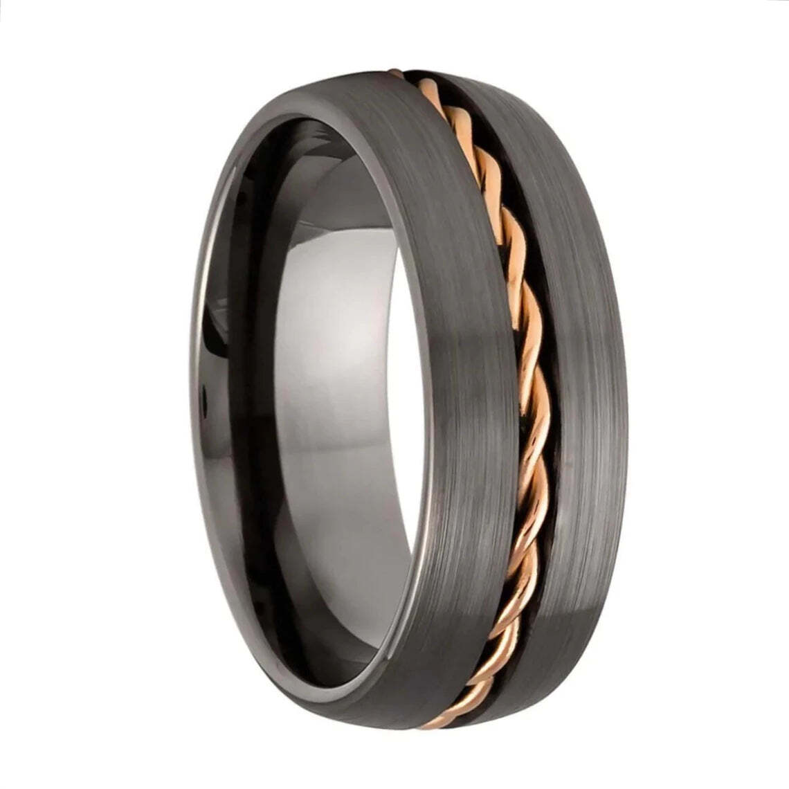Gunmetal Gray Tungsten Men's Wedding Band with Braided Rose Gold Inlay