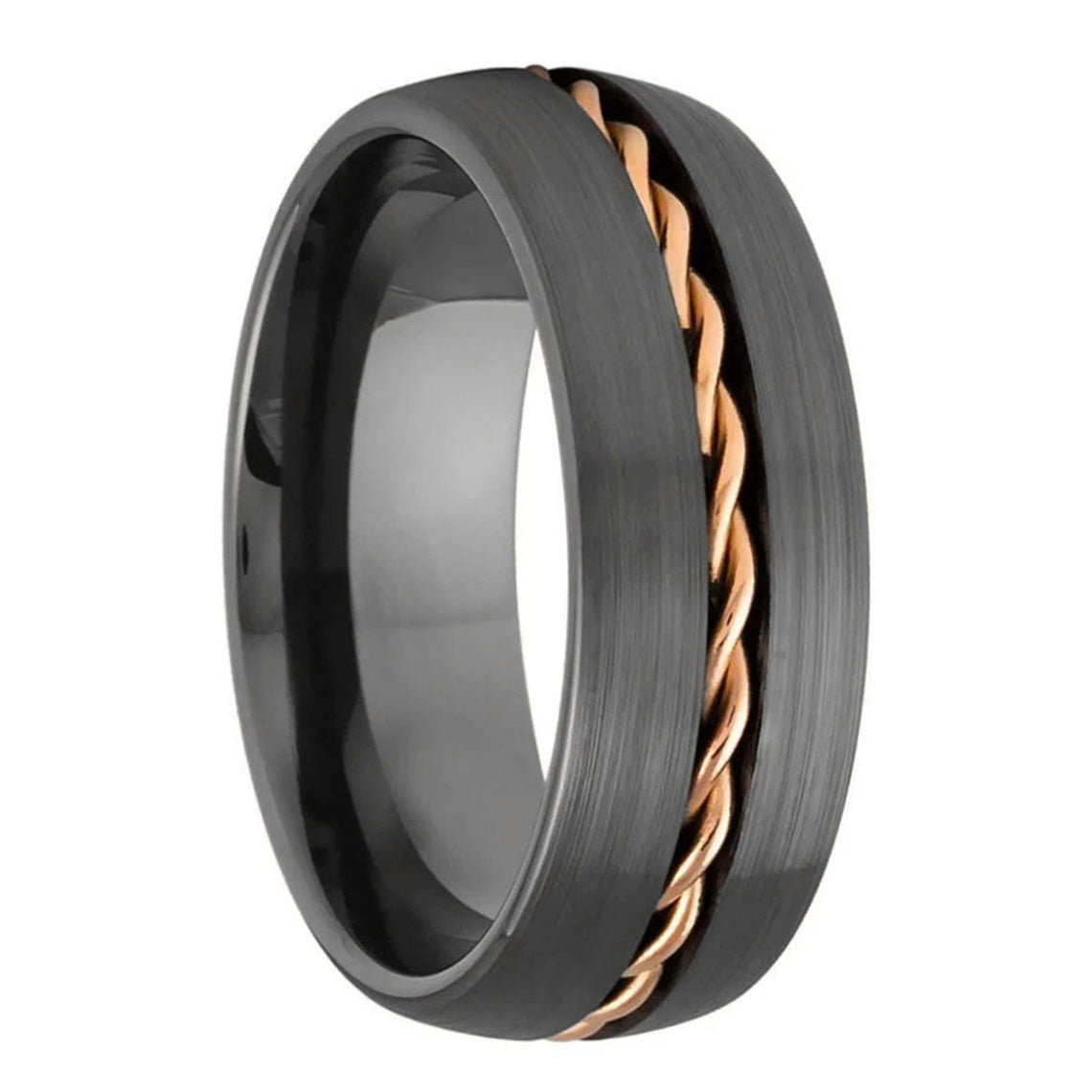 Gunmetal Gray Tungsten Men's Wedding Band with Braided Rose Gold Inlay