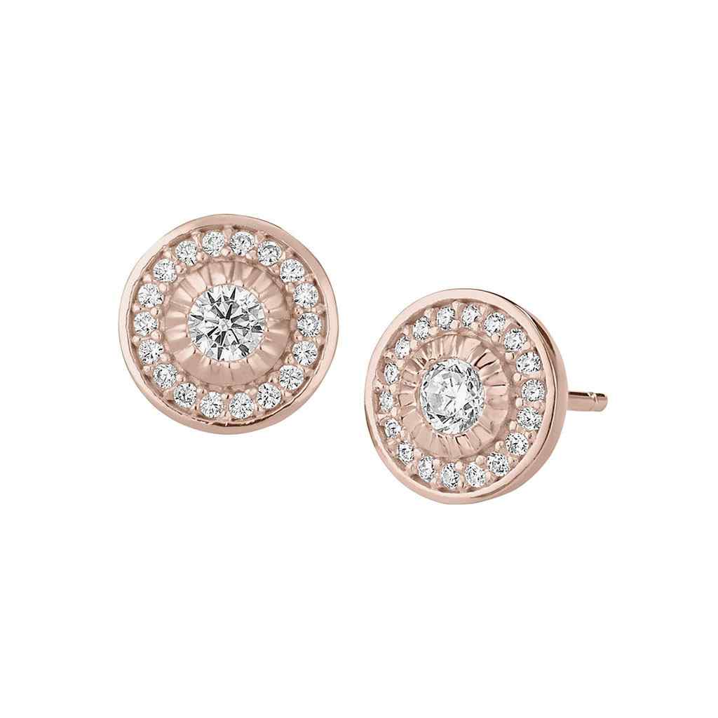 A halo earrings with simulated diamonds displayed on a neutral white background.