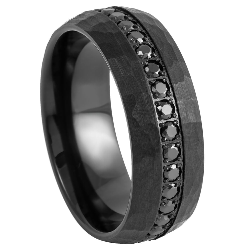 Hammered Black Tungsten Men's Wedding Band with Black Cubic Zirconia