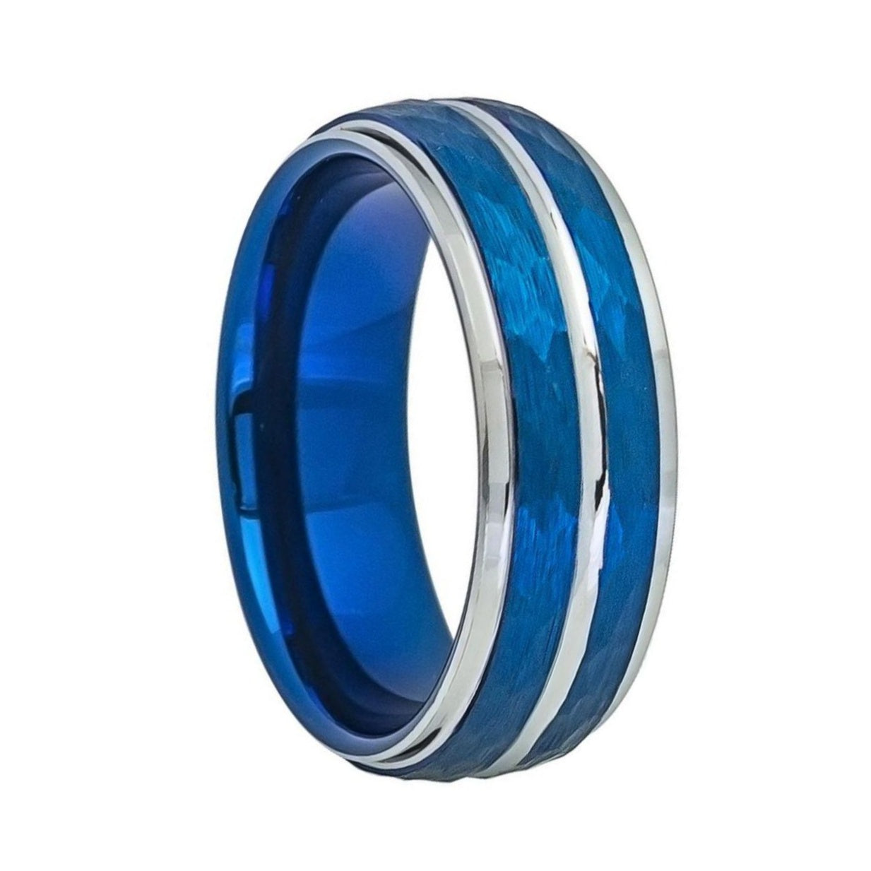 Hammered & Grooved Blue Tungsten Men's Wedding Band