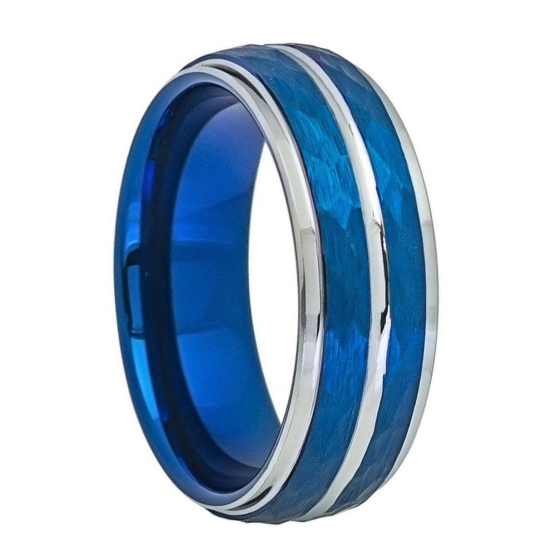 Hammered & Grooved Blue Tungsten Men's Wedding Band