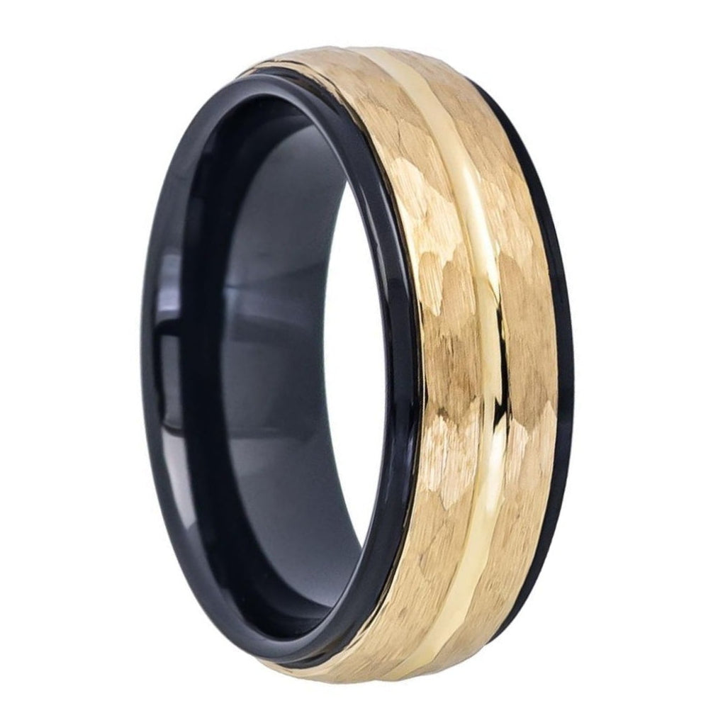 Hammered & Grooved Gold Tungsten Men's Wedding Band