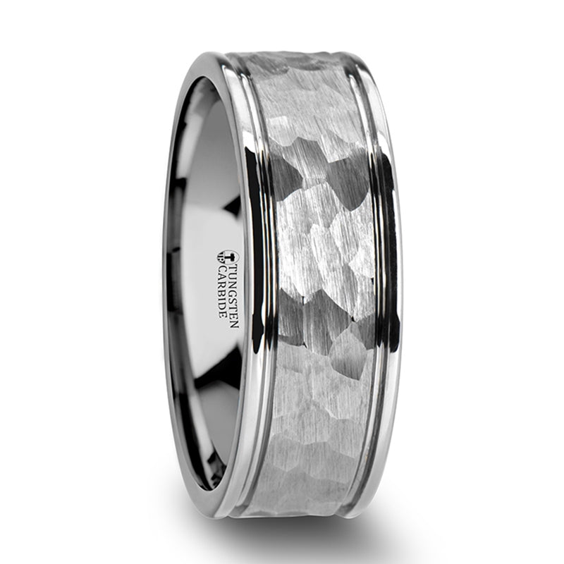 Hammered & Grooved White Tungsten Men's Wedding Band