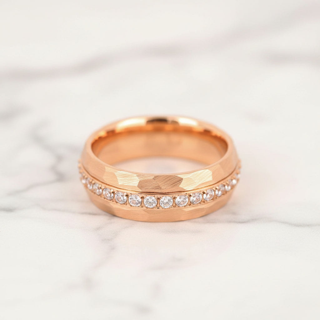 Hammered Rose Gold Tungsten Men's Wedding Band with Cubic Zirconia