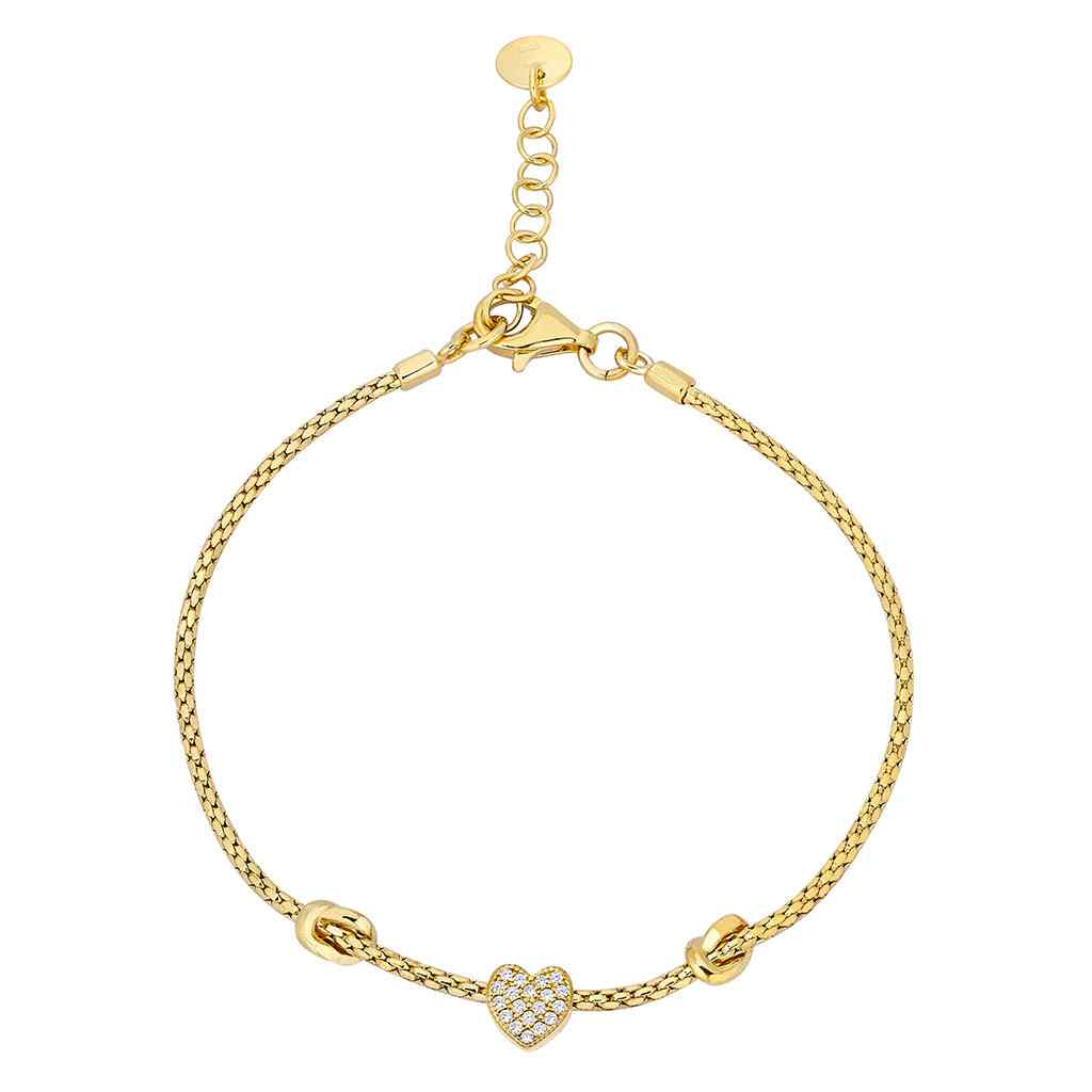 A heart & knots link bracelet displayed on a neutral white background.