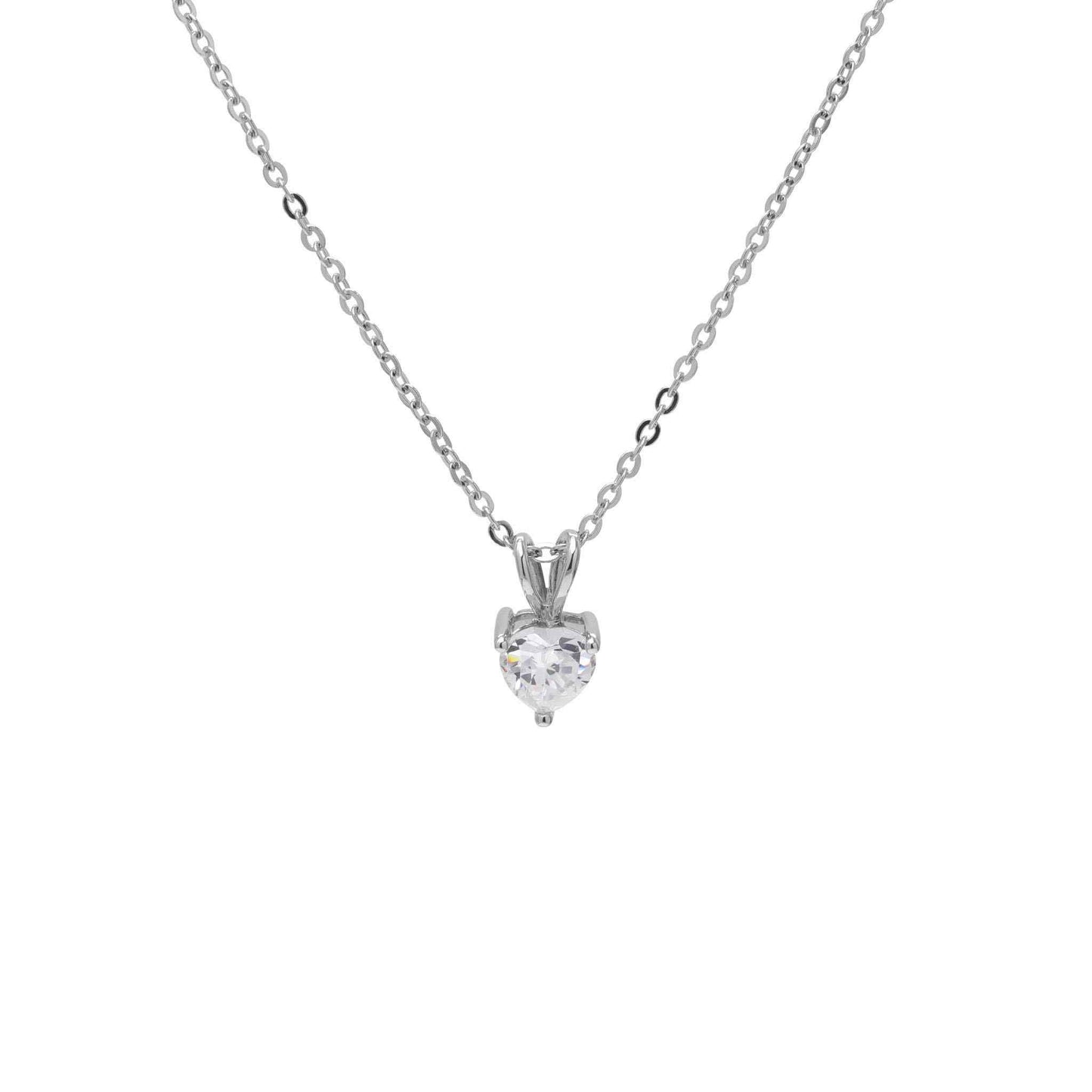 A heart shaped simulated diamond necklace displayed on a neutral white background.