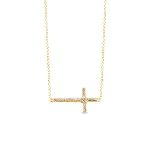 A horizontal cross necklace with simulated diamonds displayed on a neutral white background.