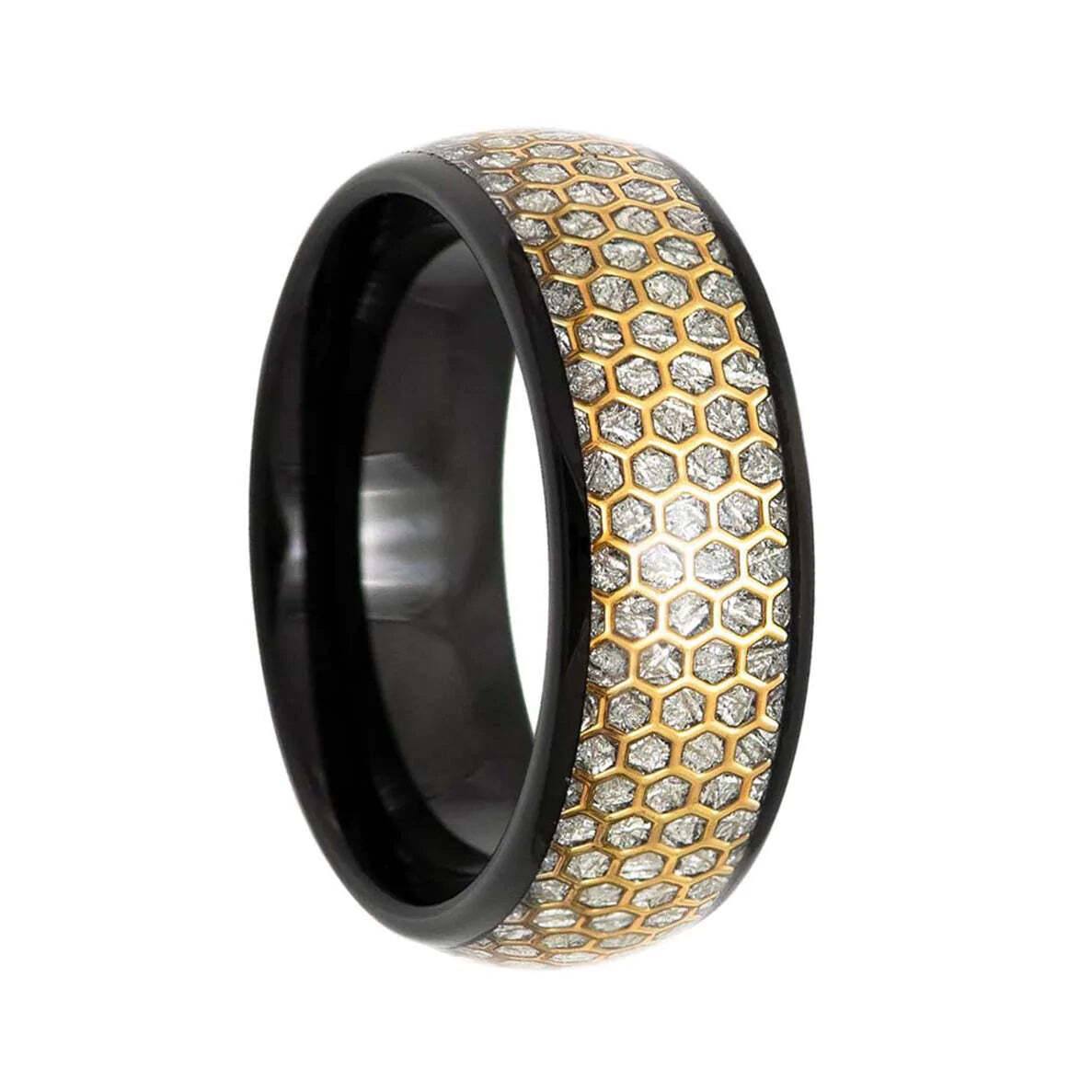 Imitation Meteorite & Gold Hexagon Honeycomb Inlay Black Tungsten Men's Wedding Band