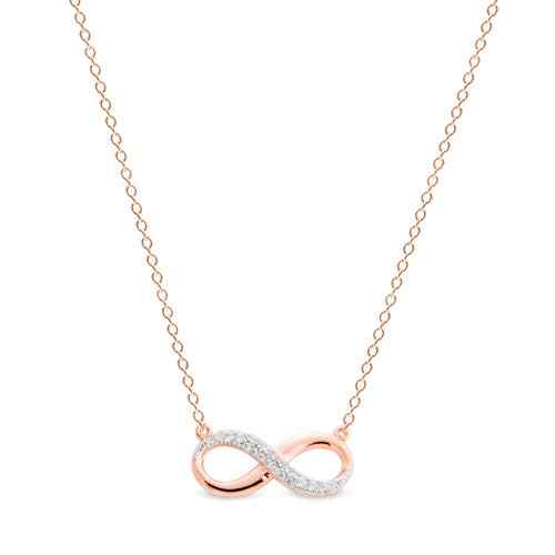 A infinity necklace with simulated diamonds displayed on a neutral white background.